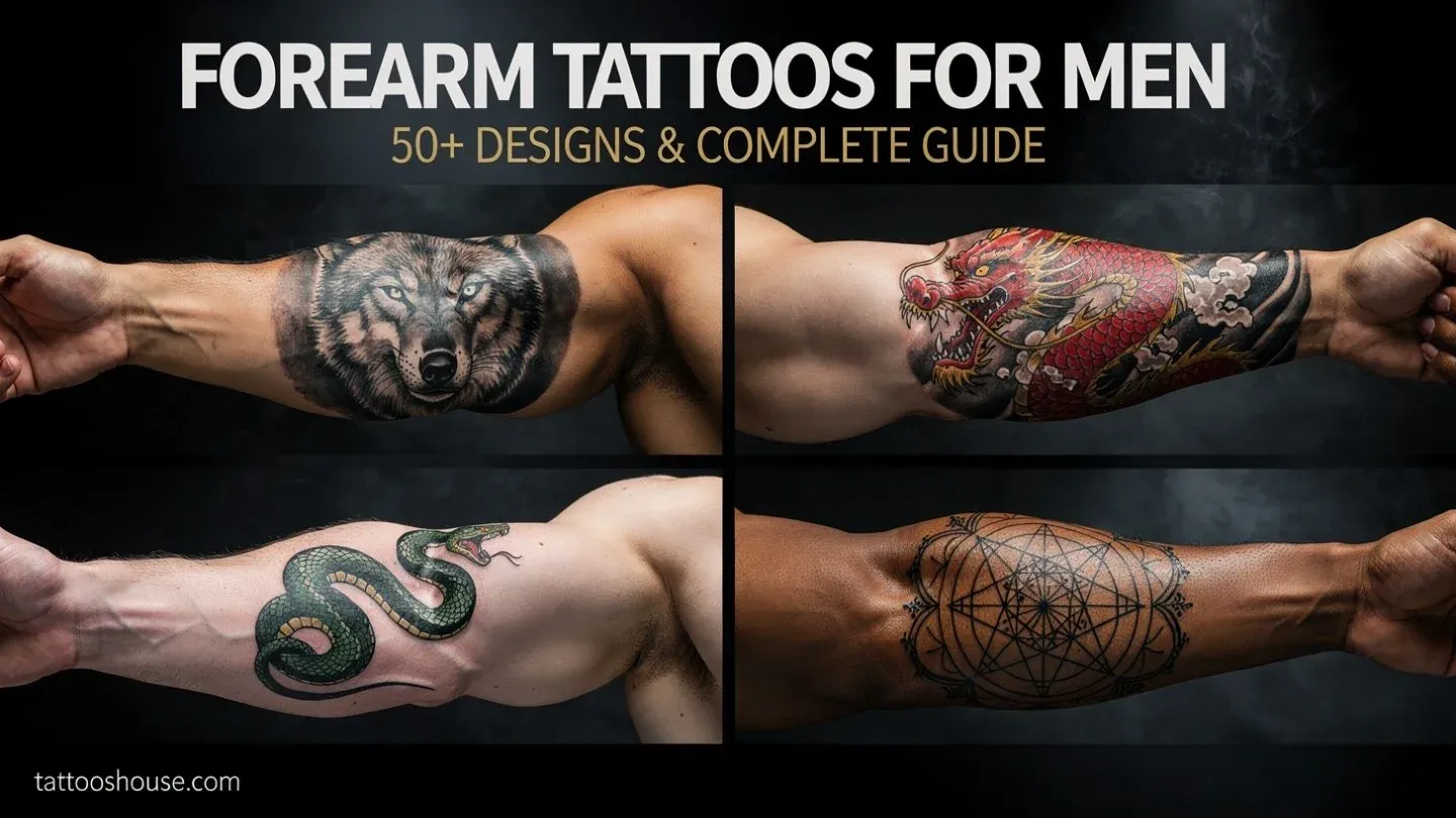 Forearm tattoos for men featured image showing wolf, dragon, snake, and geometric designs in collage layout by tattooshouse.com