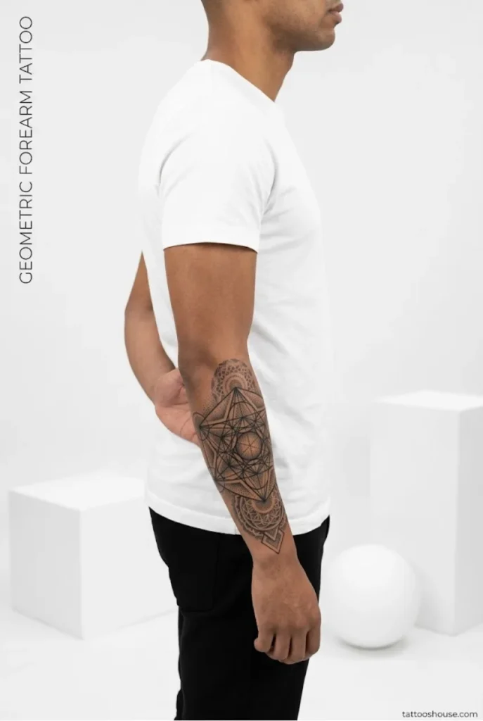 Geometric sacred geometry forearm tattoo for men on caramel slim arm with black minimalist text by tattooshouse.com