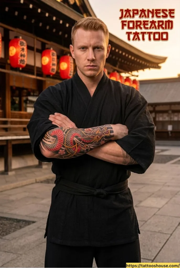 Japanese dragon forearm tattoo for men on stocky olive arm with red gold Kanji text by tattooshouse.com