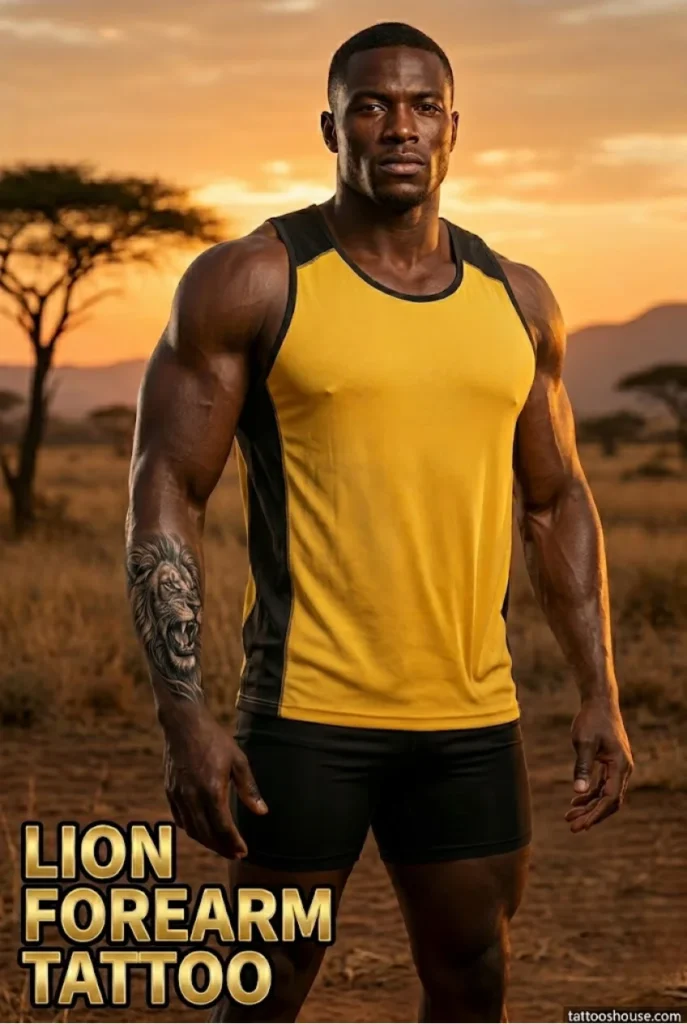 Lion forearm tattoo for men on ripped dark brown arm with gold bold block text by tattooshouse.com