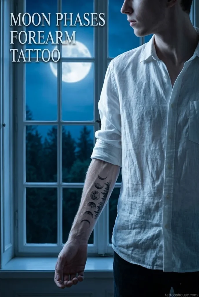 Moon phases vertical forearm tattoo for men on skinny pale arm with white glowing serif text by tattooshouse.com