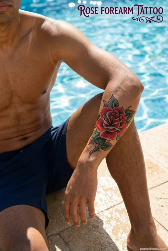 Traditional red rose forearm tattoo for men on athletic olive arm with burgundy floral script text by tattooshouse.com