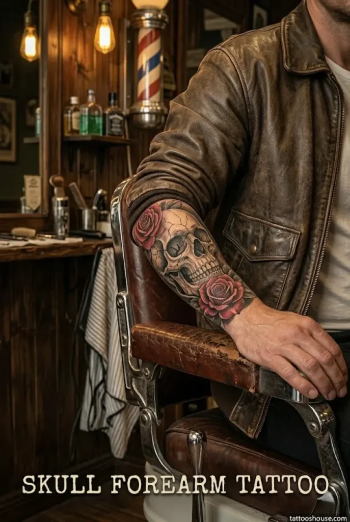 Skull with roses forearm tattoo for men on medium olive arm with cream vintage typewriter text by tattooshouse.com