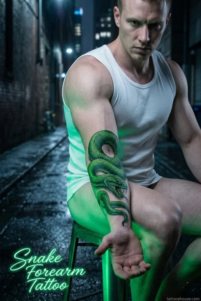Green snake coiling forearm tattoo for men on muscular pale arm with neon green script text by tattooshouse.com