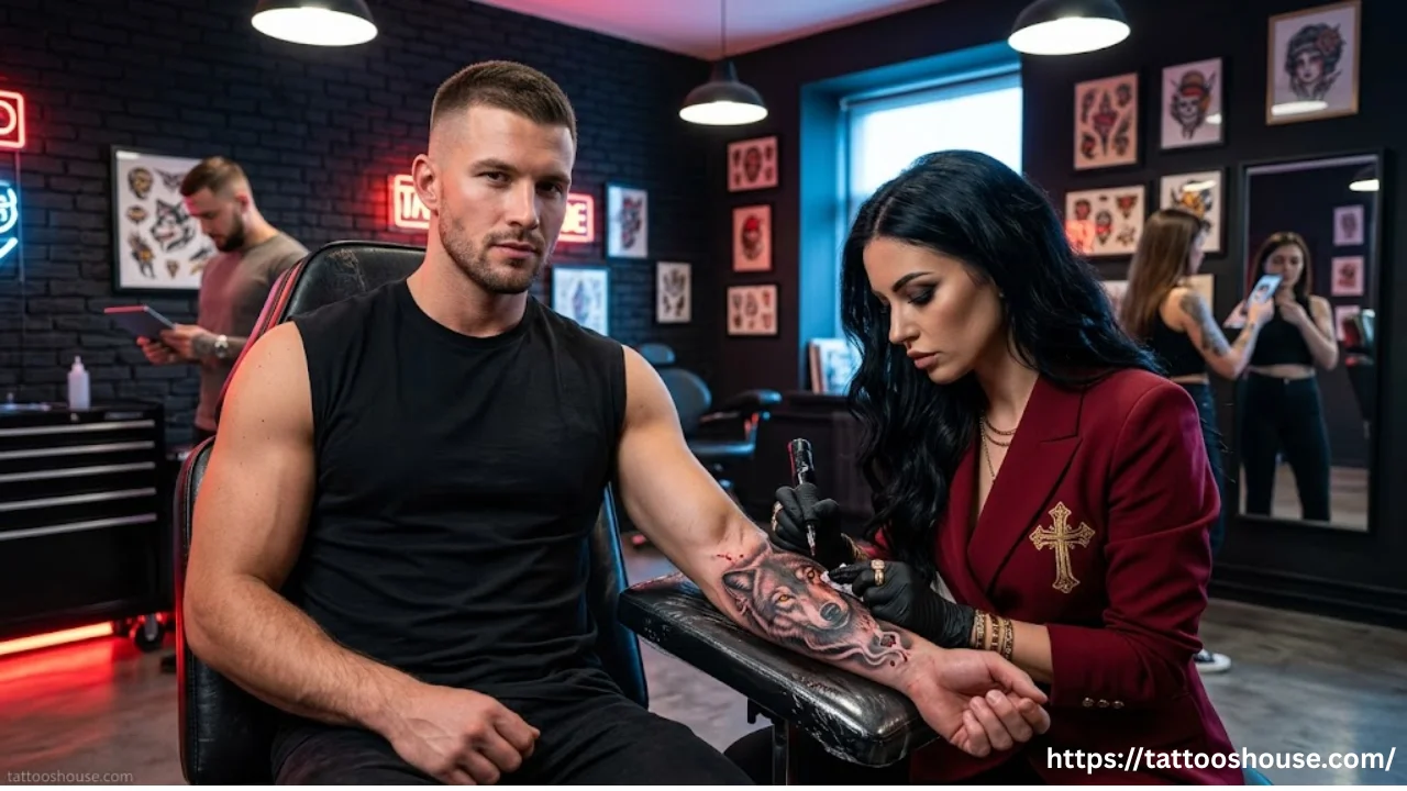 Modern tattoo shop hero background for tattoos for men website with handsome male customer receiving wolf forearm tattoo from gorgeous female artist in cross blazer by tattooshouse.com