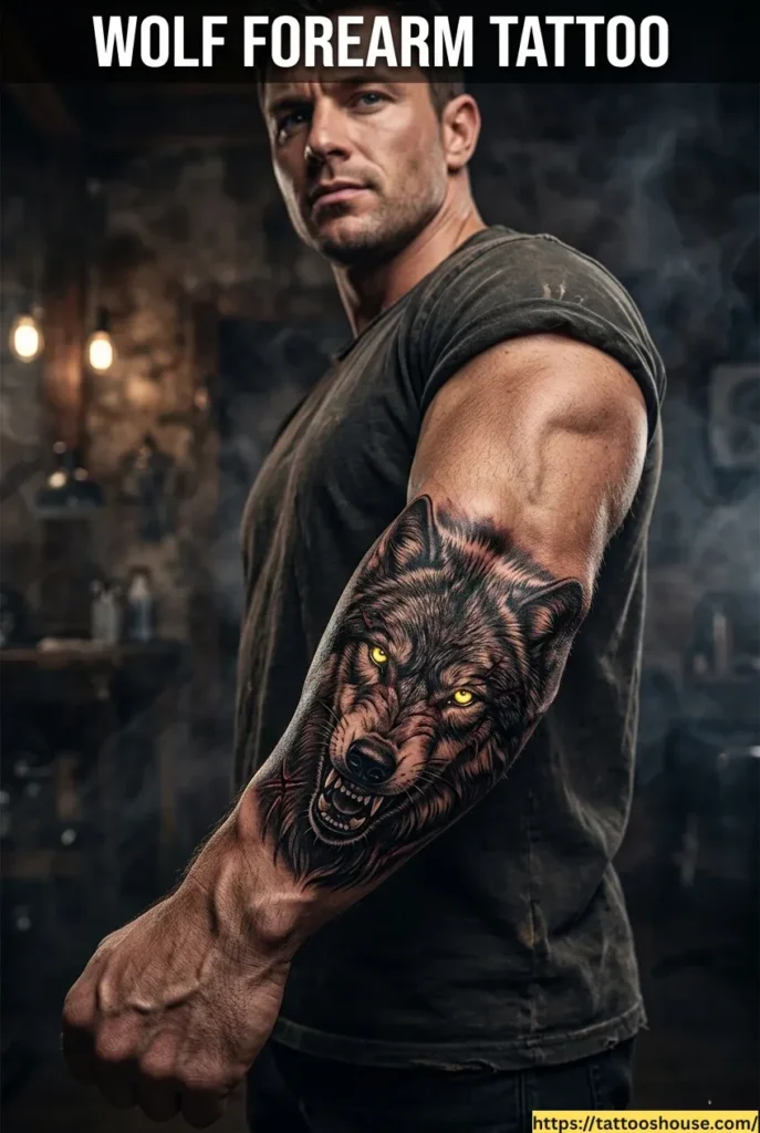 Wolf forearm tattoo for men with glowing yellow eyes on lean athletic arm in dark studio by tattooshouse.com