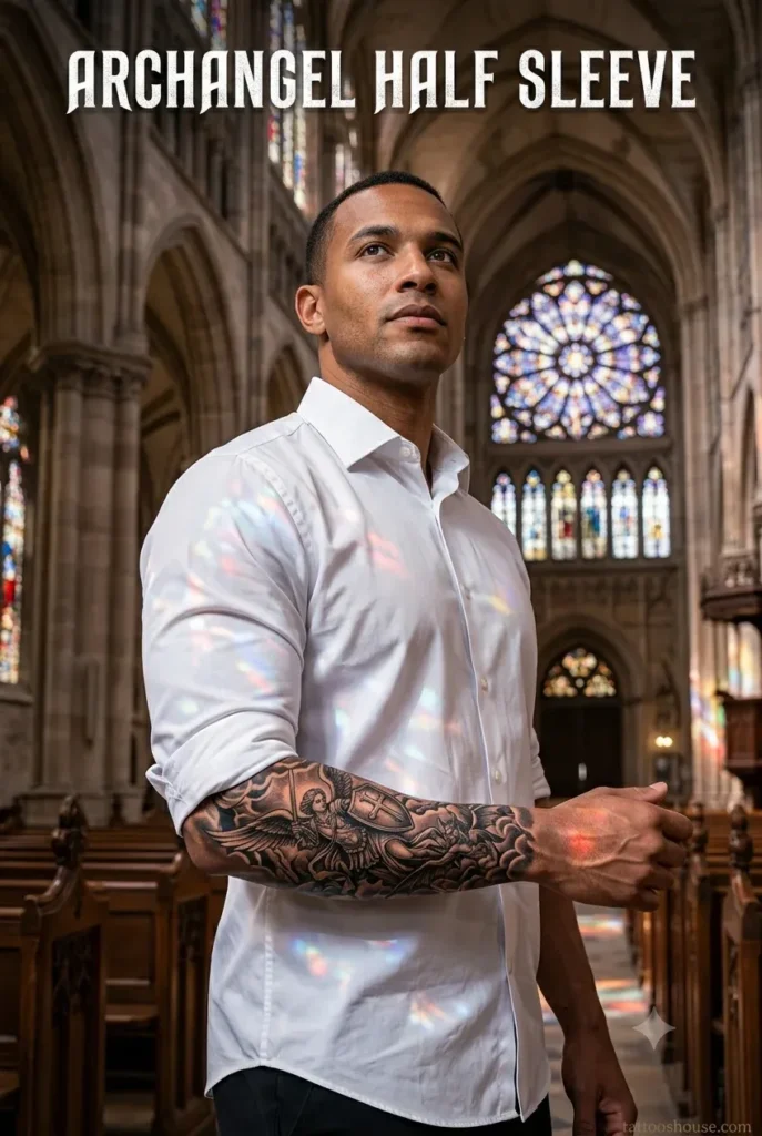 Archangel battle half sleeve tattoo for men in cathedral with swords by tattooshouse.com
