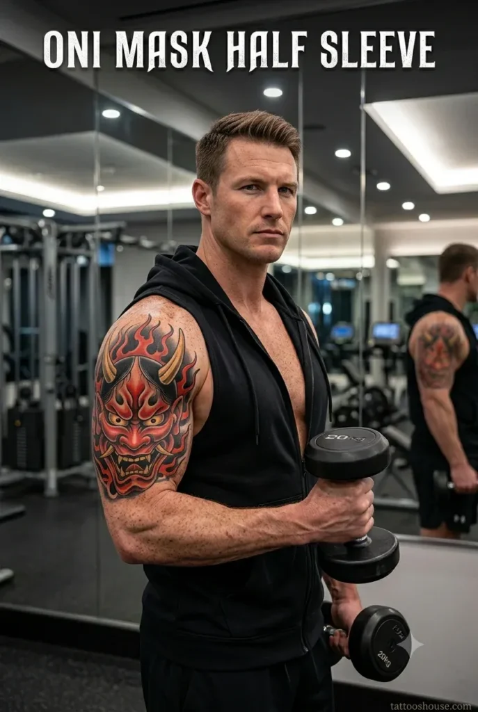Japanese Oni mask half sleeve tattoo for men at gym with flames by tattooshouse.com
