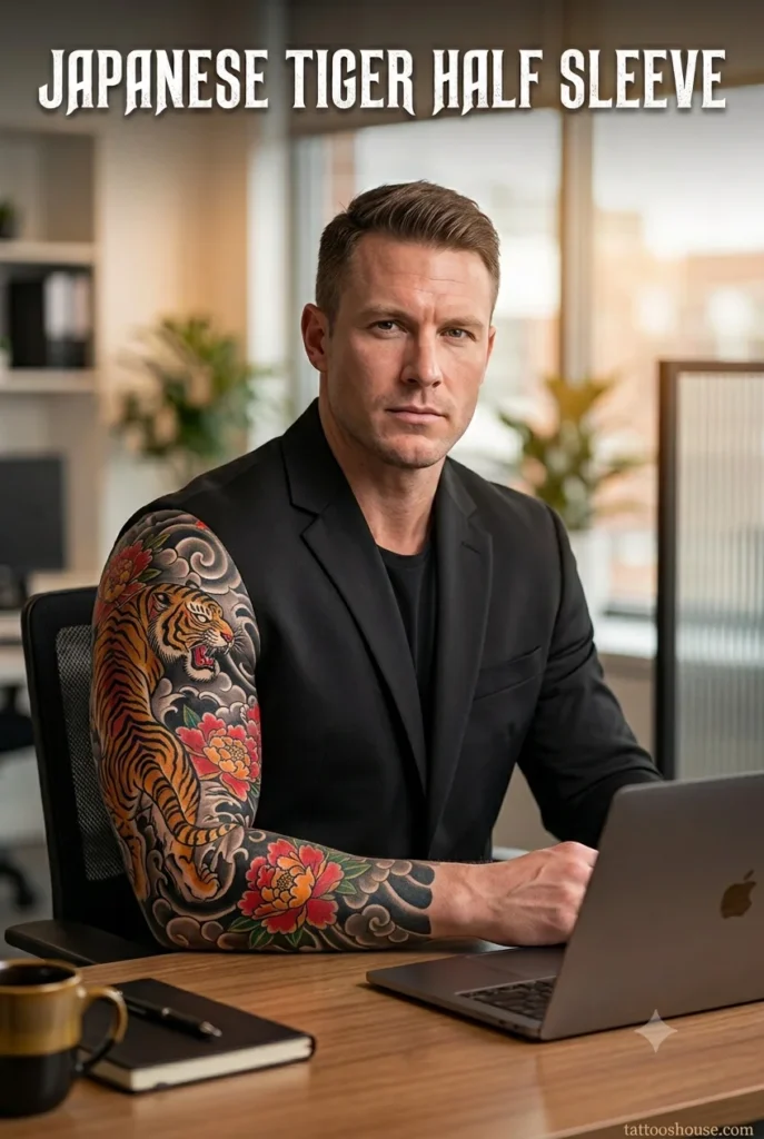 Japanese tiger half sleeve tattoo for men in office with red and gold colors by tattooshouse.com