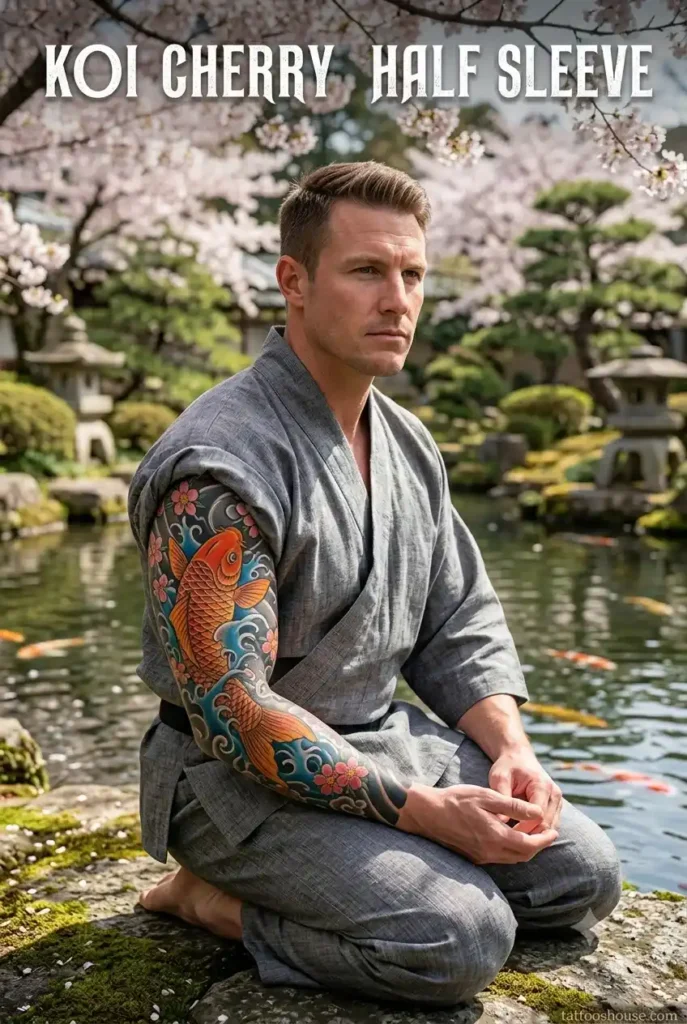 Japanese koi fish and cherry blossom half sleeve tattoo for men in garden by tattooshouse.com