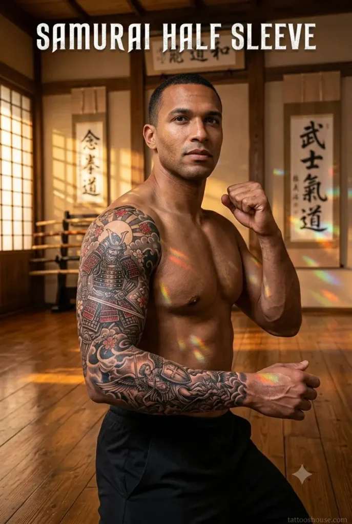 Samurai warrior half sleeve tattoo for men in dojo with armor by tattooshouse.com