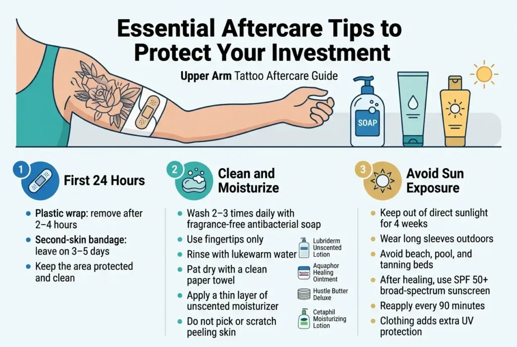 Upper arm tattoo aftercare guide covering cleaning, moisturizing, sun protection, and healing tips for men by tattooshouse.com