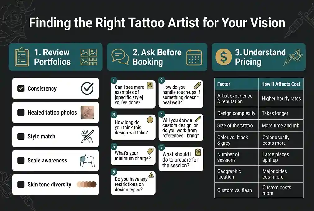 Guide to finding the right upper arm tattoo artist including portfolio review, questions to ask, and pricing factors for men by tattooshouse.com