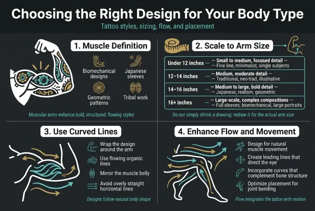Guide to choosing upper arm tattoos based on body type including muscle definition, arm size scaling, curved lines, and flow for men by tattooshouse.com
