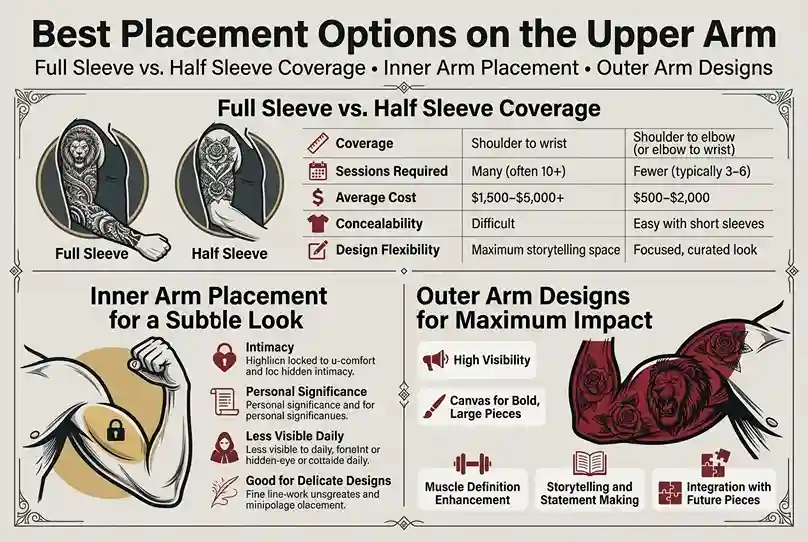 Upper arm tattoo placement guide showing full sleeve vs half sleeve coverage, inner arm, and outer arm placements for men by tattooshouse.com