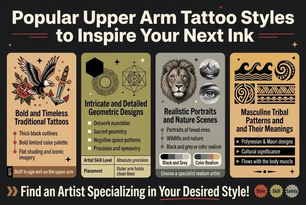 Alt Text: Popular upper arm tattoo styles for men including traditional tattoos, geometric designs, realistic portraits, and tribal patterns infographic by tattooshouse.com