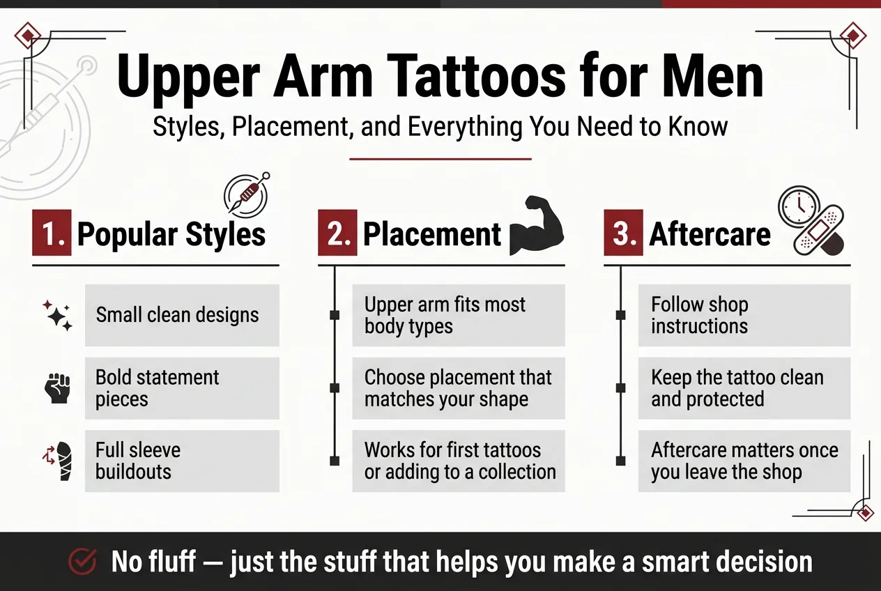 Upper arm tattoos for men complete guide cover image showing styles, placement options, and aftercare tips by tattooshouse.com