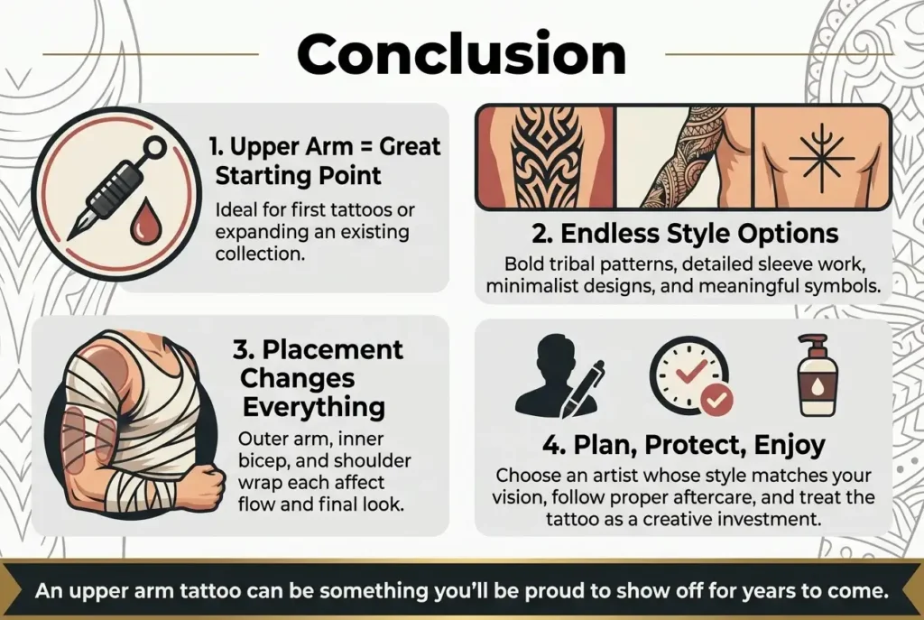 Upper arm tattoos for men conclusion guide summarizing why upper arm is a great starting point, style options, placement choices, and key takeaways by tattooshouse.com