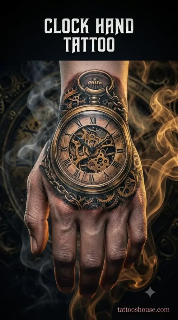 Pocket watch clock hand tattoo for men on pale hand with gold accents by tattooshouse.com