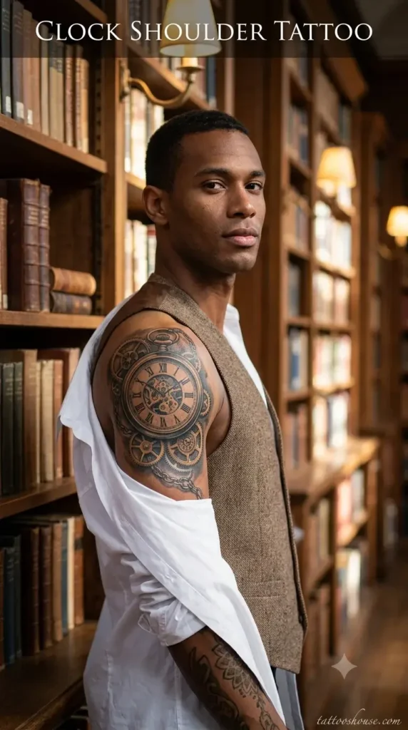 Clock shoulder tattoo for men in library with pocket watch and gears by tattooshouse.com