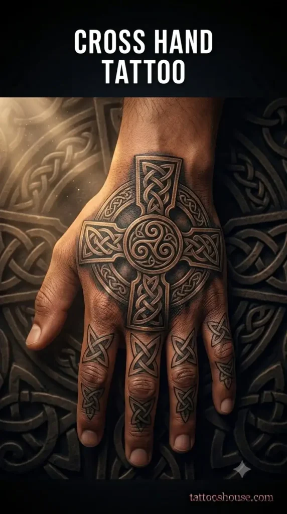 Celtic cross hand tattoo for men on medium brown hand with knotwork by tattooshouse.com