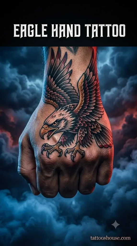Eagle hand tattoo for men on olive hand with spread wings by tattooshouse.com