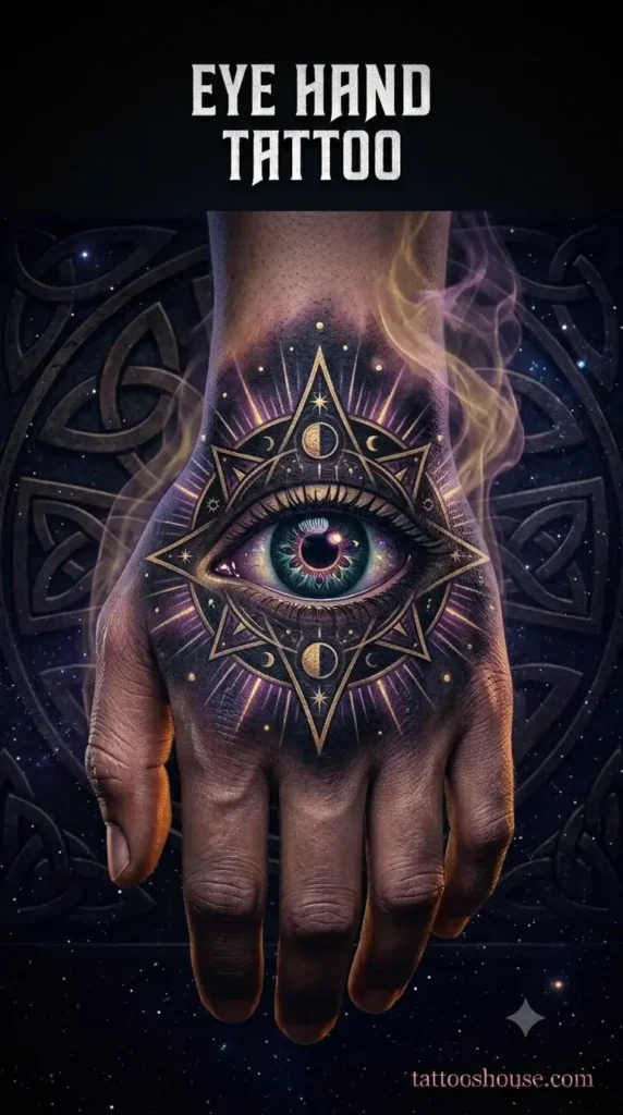 All-seeing eye hand tattoo for men on olive hand with mystical glow by tattooshouse.com