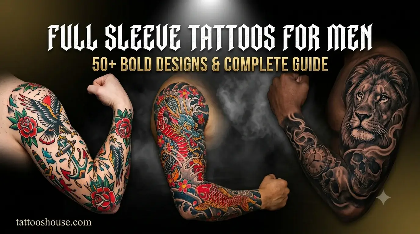 Full sleeve tattoos for men featuring three different styles – traditional American, Japanese Irezumi, and black and gray realism on masculine arms by tattooshouse.com