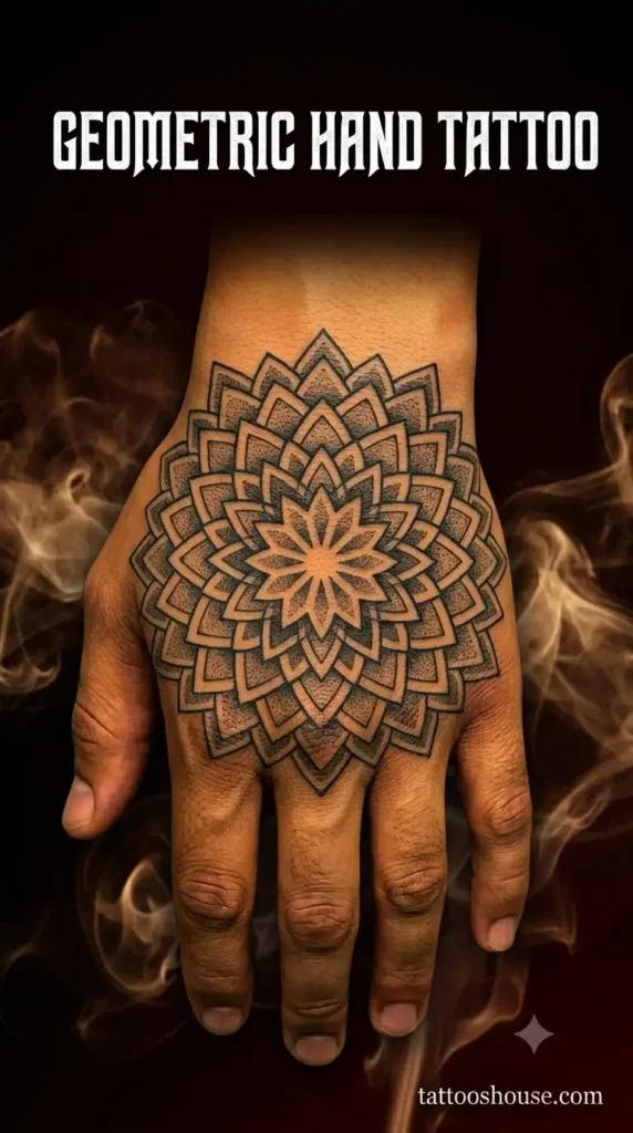 Geometric mandala hand tattoo for men on tan hand with clean black lines by tattooshouse.com