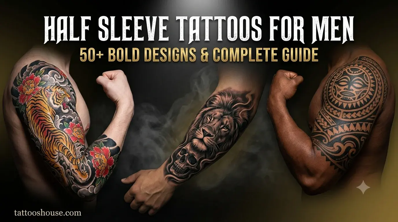 Half sleeve tattoos for men featuring three different styles – Japanese Irezumi tiger sleeve, black and gray realism lion sleeve, and Polynesian tribal sleeve on masculine arms by tattooshouse.com
