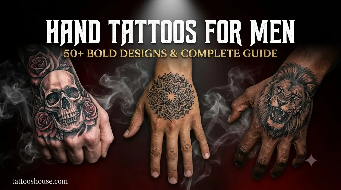 Hand tattoos for men featuring three different styles – skull and rose, geometric mandala, and lion head on masculine hands by tattooshouse.com