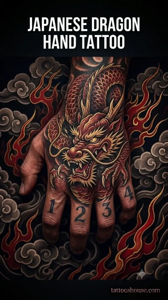 Japanese dragon hand tattoo for men in red gold and black on tan hand by tattooshouse.com