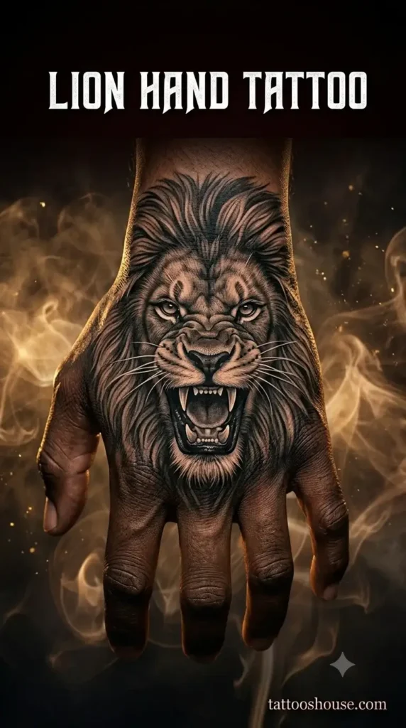 Lion head hand tattoo for men on dark brown hand with roaring expression by tattooshouse.com