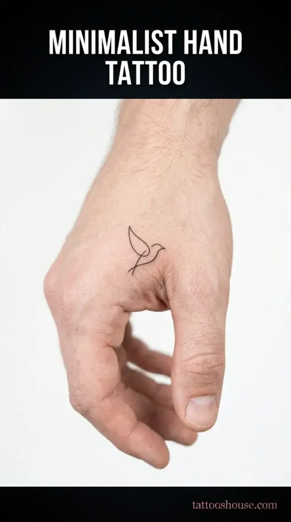 Minimalist line-art bird hand tattoo for men on pale hand by tattooshouse.com