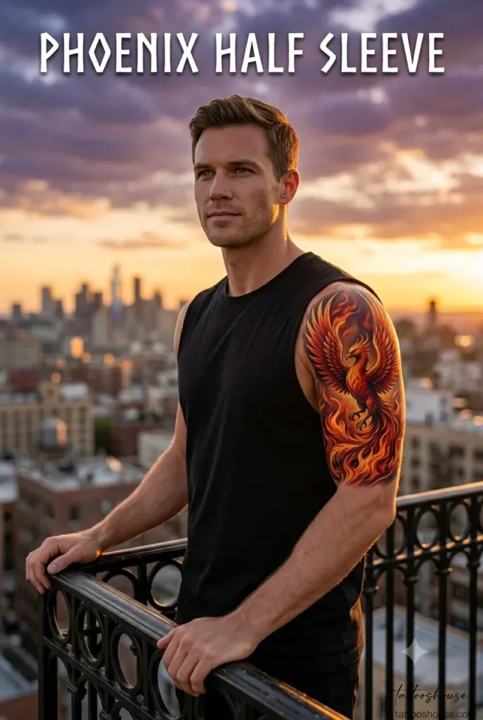 Phoenix rising half sleeve tattoo for men on rooftop with flames by tattooshouse.com