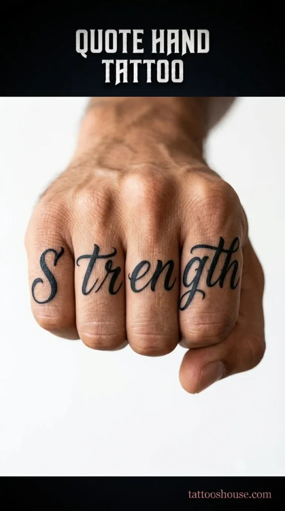 Quote hand tattoo for men with STRENGTH script across knuckles by tattooshouse.com
