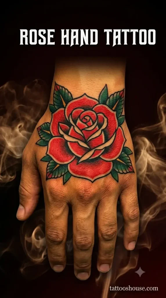 Traditional red rose hand tattoo for men on olive-skinned relaxed hand by tattooshouse.com