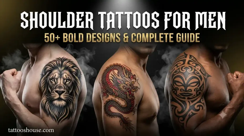 Shoulder tattoos for men featuring three different styles – lion head, Japanese dragon, and tribal patterns on masculine shoulders by tattooshouse.com