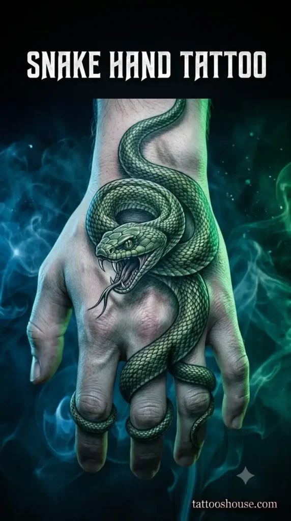   Snake wrapping hand tattoo for men on pale hand with detailed green scales by tattooshouse.com