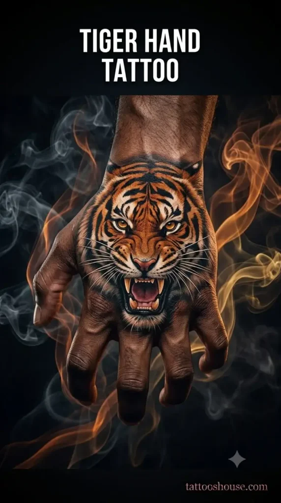 Tiger head hand tattoo for men on dark brown hand with orange stripes by tattooshouse.com