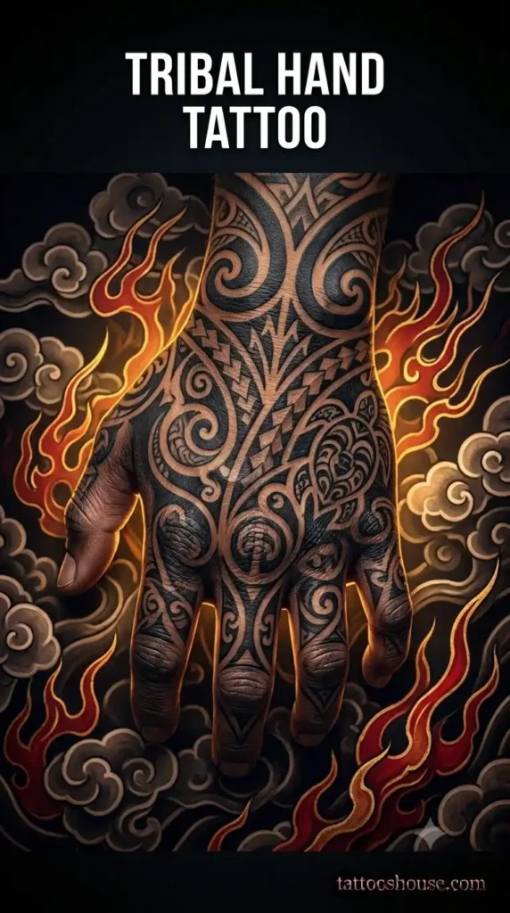 Polynesian tribal hand tattoo for men on dark ebony hand by tattooshouse.com