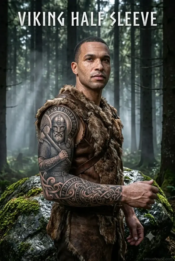 Viking warrior half sleeve tattoo for men in forest with axe by tattooshouse.com