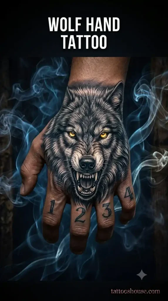 Wolf head hand tattoo for men with glowing eyes on medium brown hand by tattooshouse.com