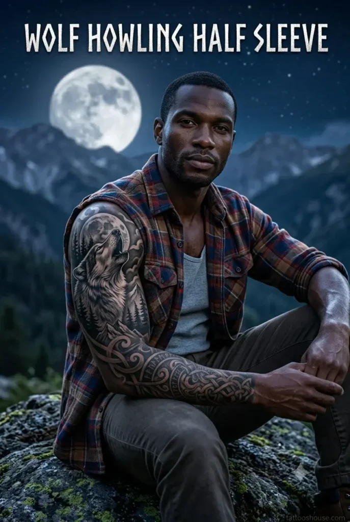Wolf howling at moon half sleeve tattoo for men on mountain by tattooshouse.com