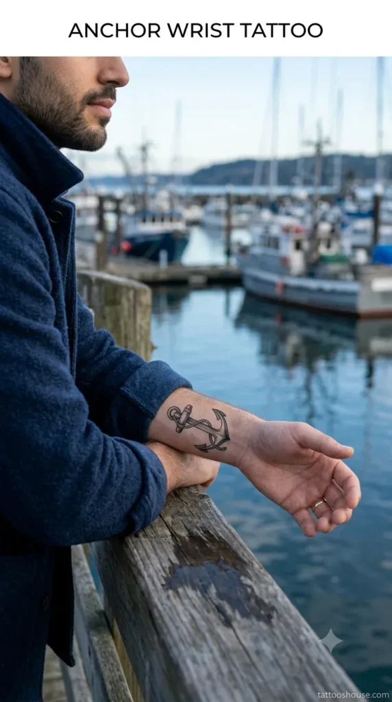 Anchor wrist tattoo for men on pale outer wrist at harbor by tattooshouse.com