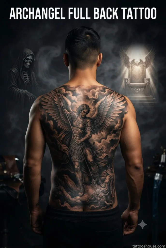Archangel Michael full back tattoo for men on tan back by tattooshouse.com