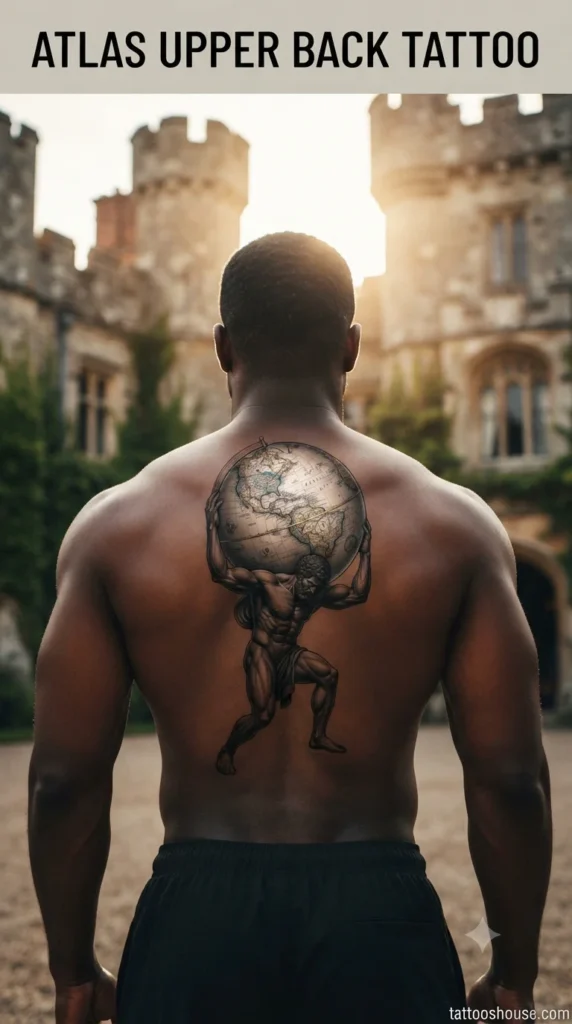 Atlas upper back tattoo for men on dark ebony back at castle by tattooshouse.com