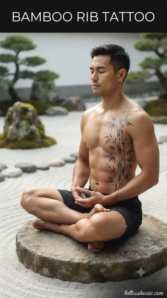 Bamboo rib tattoo for men on olive torso in zen garden by tattooshouse.com