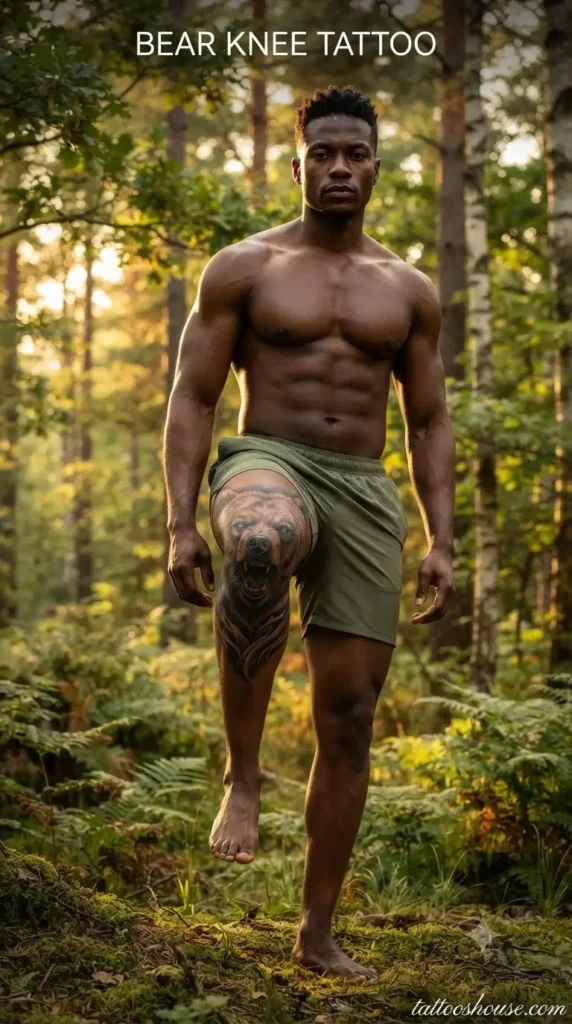 Bear knee tattoo for men on dark ebony knee in forest by tattooshouse.com