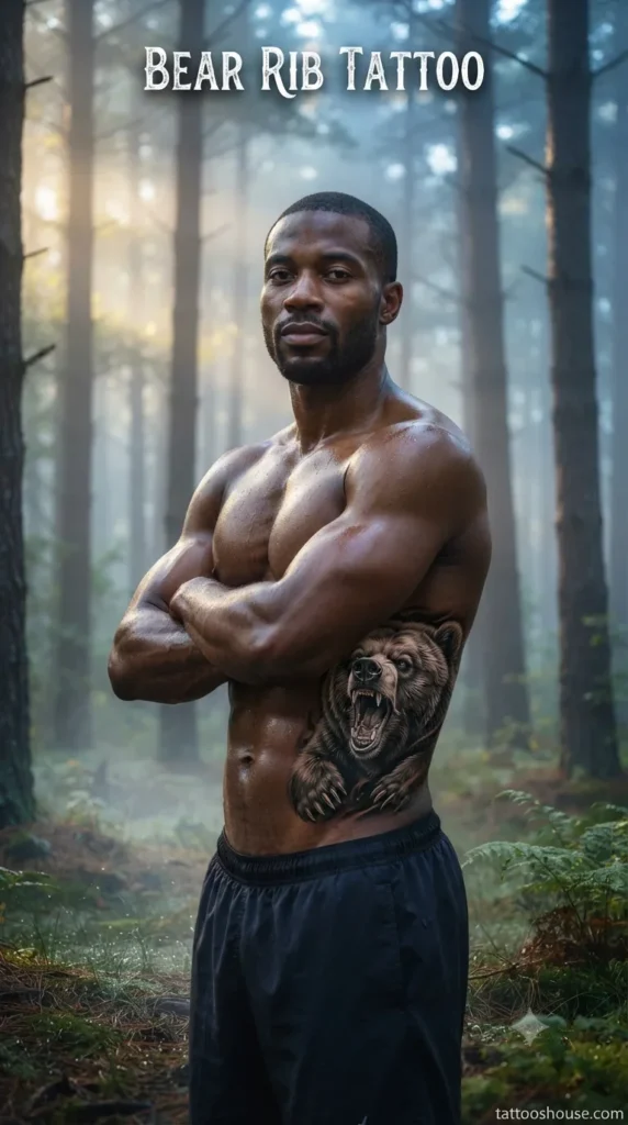 Bear rib tattoo for men on dark brown torso in misty forest by tattooshouse.com